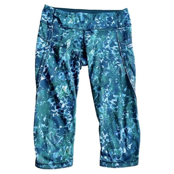 Lululemon Run Top Speed Crop Leggings Size 8 Blue Green Floral - Picture 1 of 9